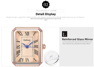 Detail of rose gold rectangular watch featuring mineral glass and water resistant lens