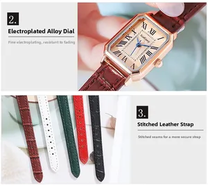 Close-up of rectangular vintage quartz watch with Roman numerals and multi-color straps