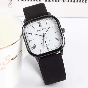 Detail view of ROSIVGA square quartz watch with black leather strap and roman numerals