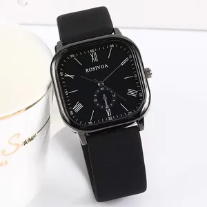 Detail of vintage square quartz watch with black alloy case and roman numeral dial