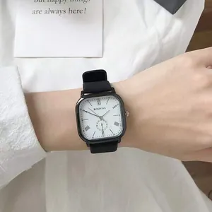 Minimalist square quartz watch with Roman numerals and small seconds sub-dial details