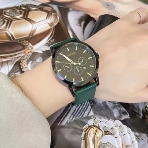 Minimalist green leather strap watch with gold markers and large black dial for men and women
