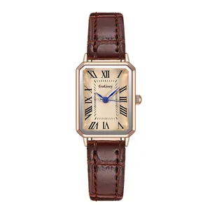 Women's vintage rectangular quartz watch with rose gold case and brown leather strap