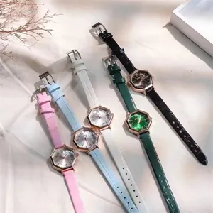 Octagonal quartz watches for women with leather straps in five assorted colors on soft fabric