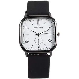 Minimalist square quartz watch with a white dial and black leather strap for couples