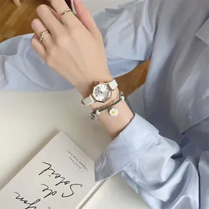 Fashion women's watch set with octagonal dial, white leather strap and daisy bracelet