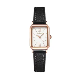 Elegant vierkant dameshorloge met roségouden kast en zwarte leren band met stiksels