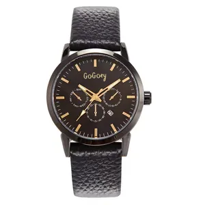 GoGoey black quartz watch with leather strap, large dial, day and date functions