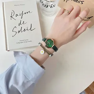 Octagon green leather watch for women with daisy bracelet and minimalist rings