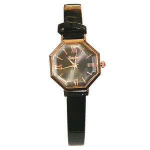 Octagonal rose gold quartz watch with a black leather strap and dark grey dial for women