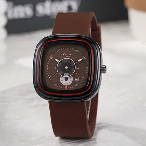 Minimalistisch quartzhorloge met bruine siliconen band en zwarte behuizing
