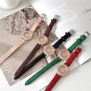 Women's quartz watches with sparkling rhinestone bezel and colorful leather straps