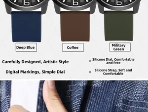 Detail view of casual silicone watches in navy blue, coffee brown, and army green colors