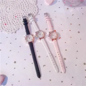 Fashionable women's cat ear quartz watches with leather straps in black, white, and pink
