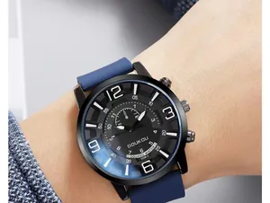 Close-up of DOUKOU sports watch with black dial and blue silicone strap on male wrist