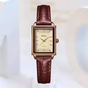Elegant rectangular rose gold quartz watch with brown crocodile leather strap for women
