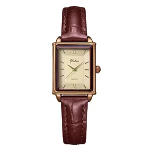Women's rectangular quartz watch with champagne dial and brown alligator leather strap