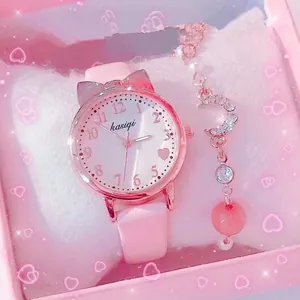 Women's Cute Cat Ear Quartz Watch Fashion PU Leather Strap Wristwatch With Heart Pattern Dial Sweet Jewelry For Girls Students