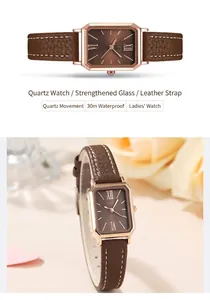 Détails de montre à quartz rectangulaire élégante avec bracelet cuir brun et étanchéité 30m