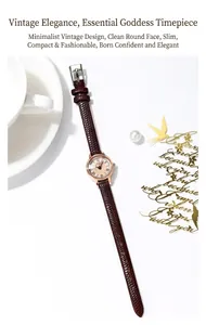 Vue détaillée d'une montre à quartz vintage pour femme avec bracelet en cuir brun