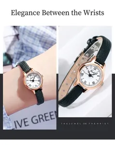 Vue détaillée de la montre quartz vintage Gedi avec cadran blanc et bracelet en cuir vert