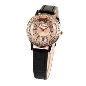 Elegant GoGoey women's quartz watch with sparkling diamonds and black leather strap