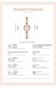 Spécifications de la montre à quartz rose dorée avec bracelet à maillons en cœur