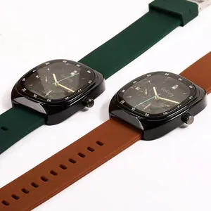 Detailed macro view of dark green and brown silicone straps on fashion quartz watches