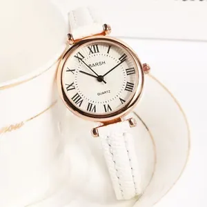 Elegant women's quartz watch with white Roman dial and rose gold case on leather strap