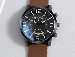 Close-up of DOUKOU sport watch featuring black large dial and brown silicone strap
