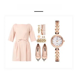 Mise à plat d'une montre à quartz or rose avec sac rose, robe et talons hauts