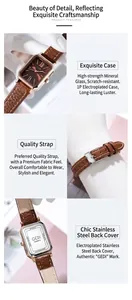 Détails d'une montre à quartz rectangulaire en or rose avec bracelet cuir marron et acier