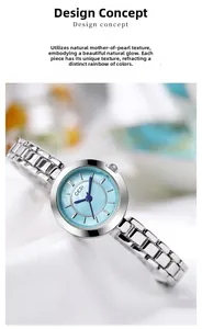 Vue rapprochée du cadran en nacre bleu clair et bracelet en acier argenté pour femme