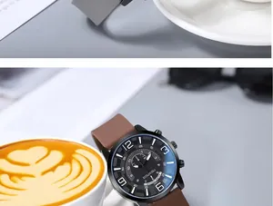 Men's quartz watch with brown silicone strap and black dial next to a latte coffee