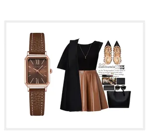 Montre quartz rectangulaire élégante avec bracelet cuir brun et boîtier or rose