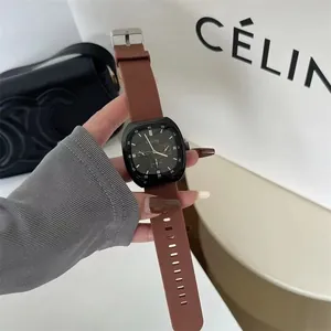 Men's sports watch with black square case and caramel silicone strap in 45-degree view