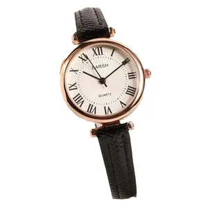 Elegant vintage women's watch with rose gold case, Roman numerals and black leather strap