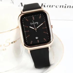 Montre à Quartz Carrée Mode pour Femmes Boîtier Or Rose Minimaliste Bracelet en Silicone avec Calendrier de Date pour Quotidien