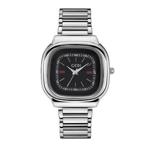 Minimalist silver stainless steel square watch with a black dial and GEDI branding