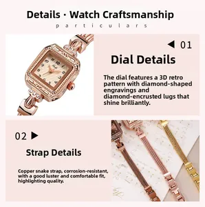 Détails d'une montre vintage pour femme avec cadran carré rose doré et bracelet serpent