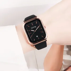 Montre carrée minimaliste pour femme en or rose avec bracelet noir et affichage date
