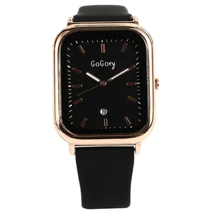 Élégante montre quartz carrée pour femme avec bracelet silicone noir et boîtier or rose