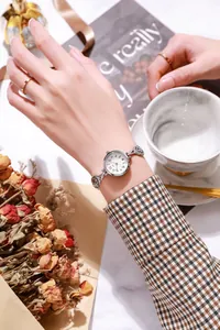 Elegante orologio al quarzo in metallo argento con bracciale traforato al polso di una donna