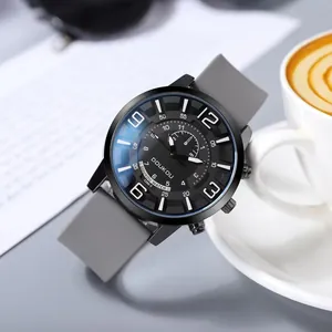 DOUKOU minimalist large dial watch with grey silicone strap and black alloy case