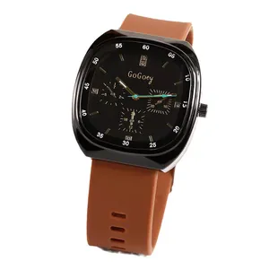 Men's fashion sports quartz watch with square black dial and brown silicone strap