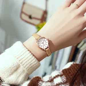 Close-up of elegant rose gold quartz watch with a slim brown leather strap and white dial
