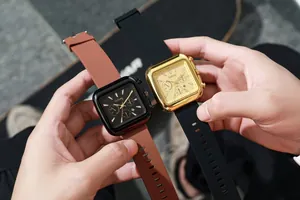 Detailed close-up of square dial quartz watches with silicone straps and date function