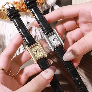 Retro rectangular ladies' quartz watches with Roman numerals and black leather straps