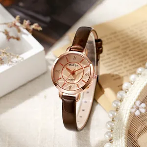 Fashion Round Quartz Watch For Women Minimalist Leather Strap Rhinestone Elegant Ladies Casual Wristwatch Jewelry Gift