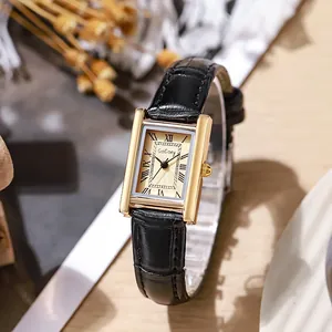 Vintage rectangular gold women's watch with black crocodile leather strap and roman numerals